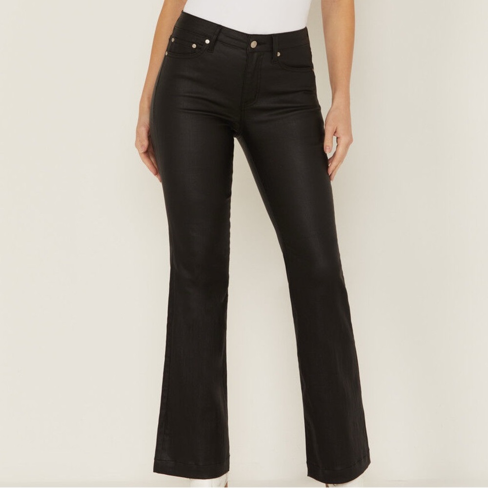 Daze Mid-Rise Coated Flare Pants in Black